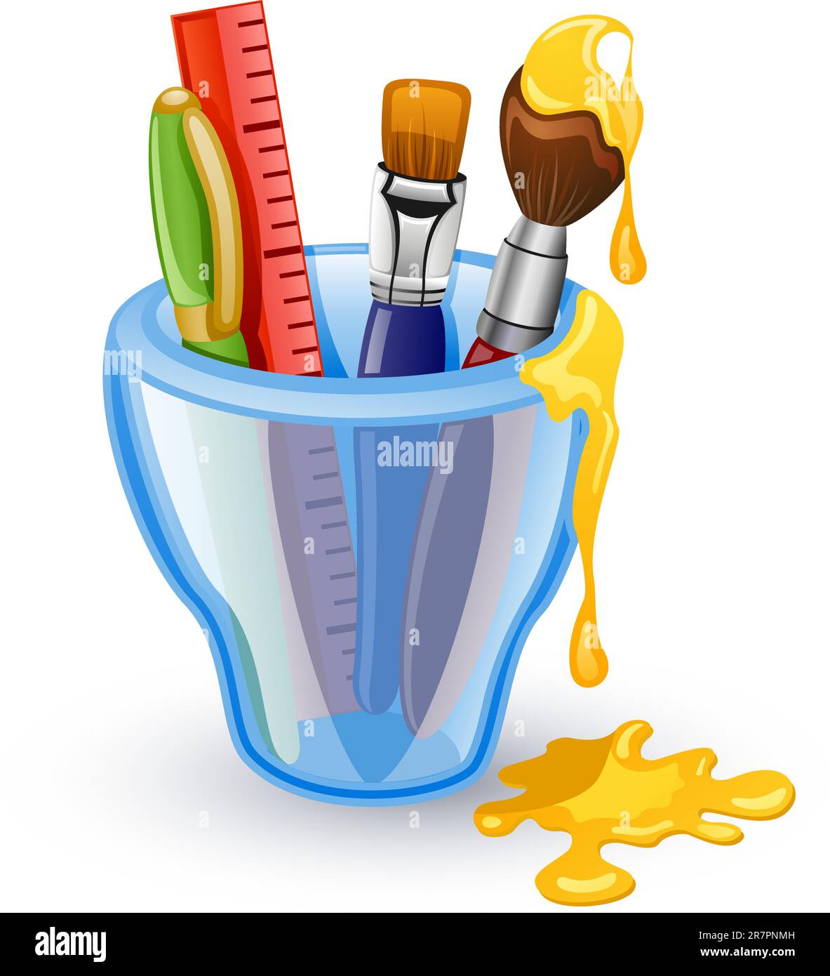 Outils scolaires : stylo, pinceau, règle dans le verre. Isolé sur fond blanc. Illustration de Vecteur