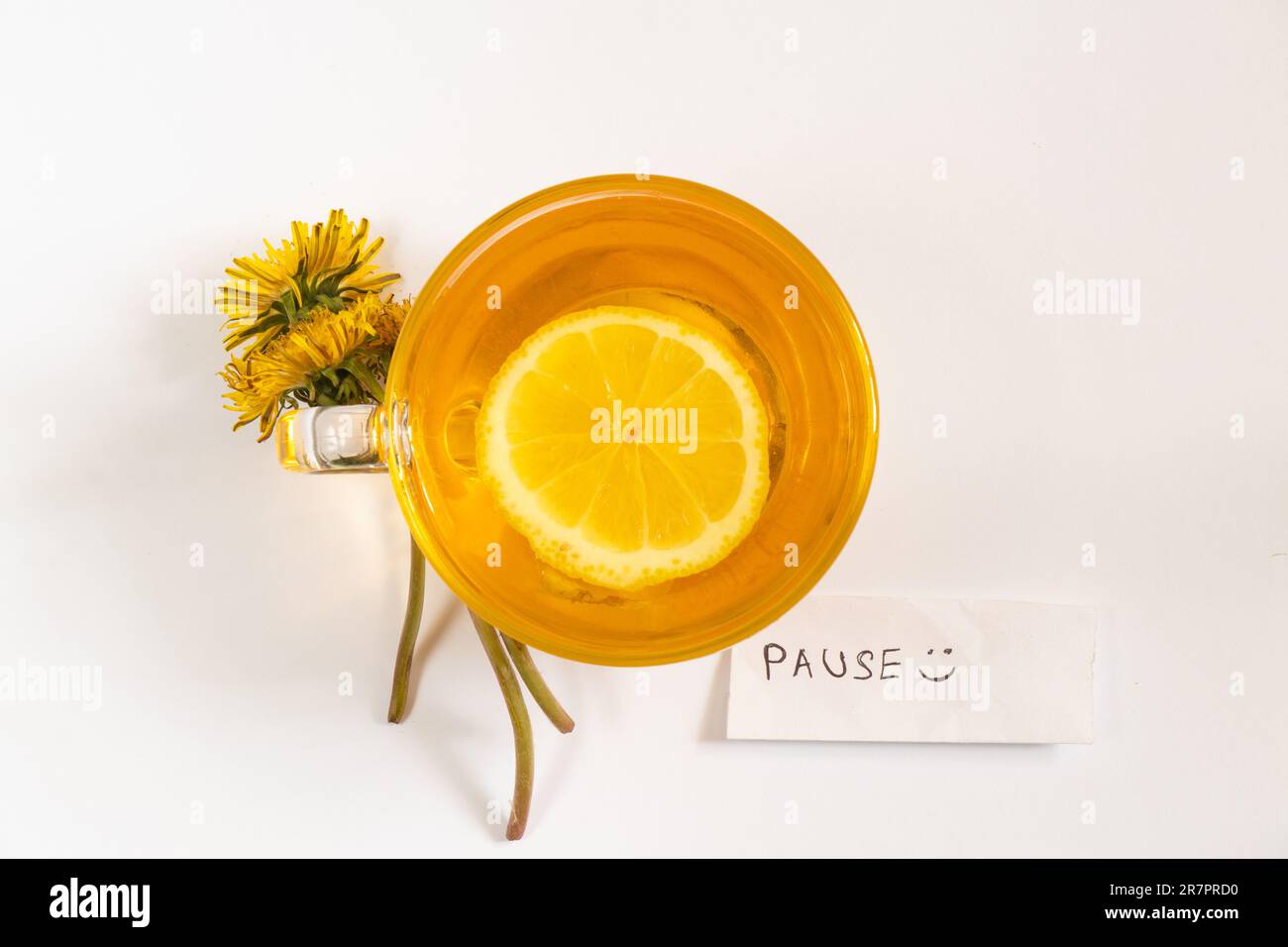 Une tasse de thé avec des pissenlits au citron et les mots en anglais Bonjour Banque D'Images
