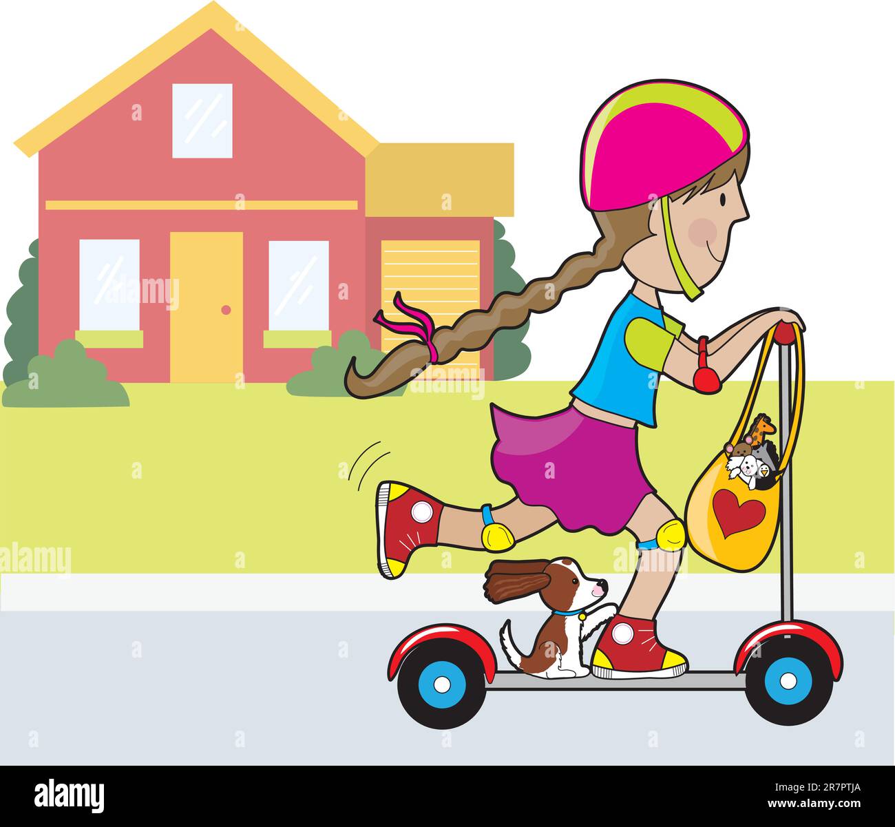 Une petite fille et son chien vont pour un tour sur un scooter.in devant d'une maison rouge. Un sac de jouets en peluche est suspendu au volant. Illustration de Vecteur