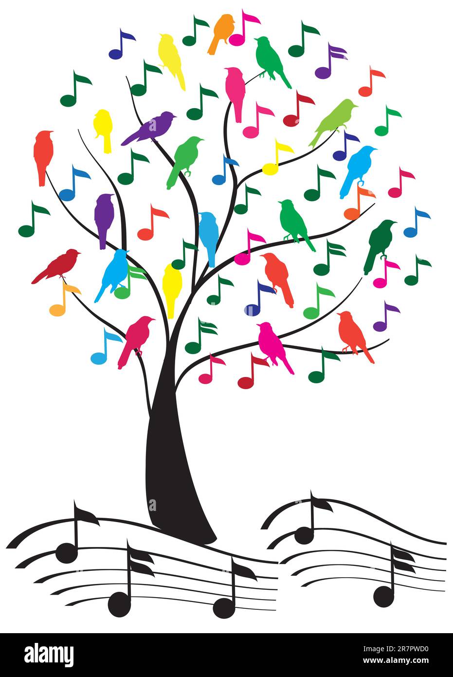 Illustration vectorielle d'un arbre avec notes musicales et oiseaux Illustration de Vecteur