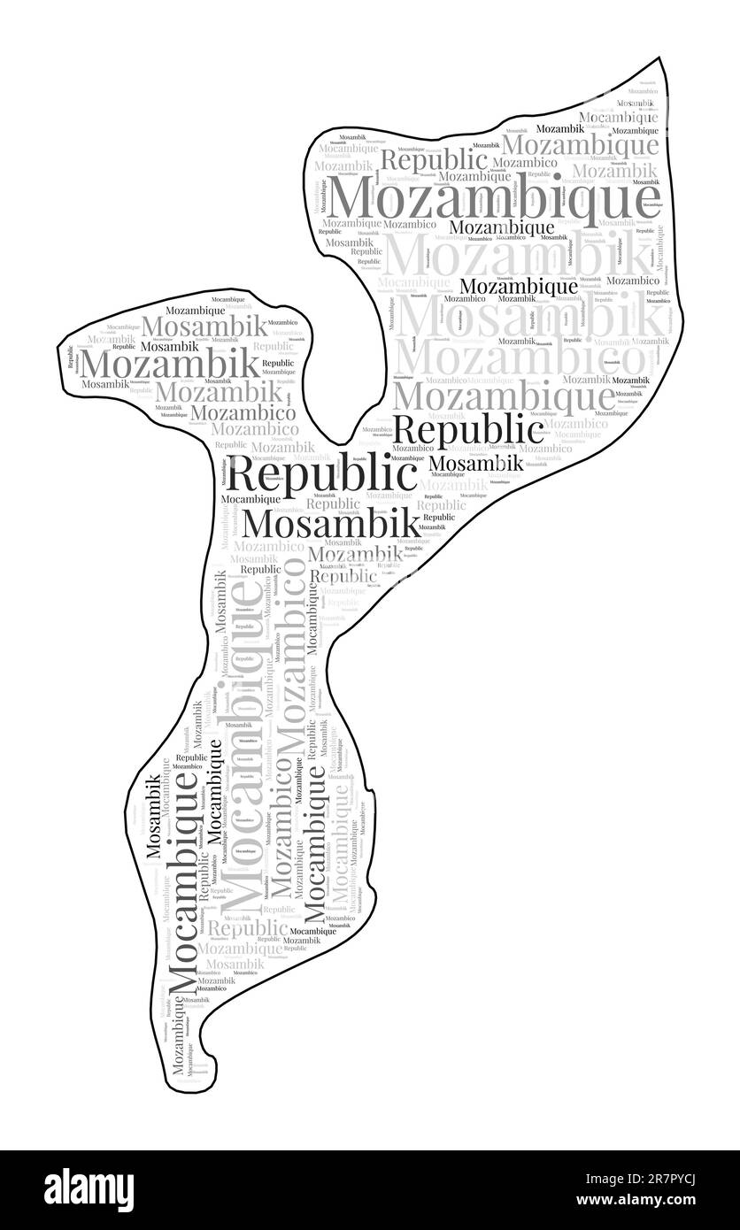 Forme Mozambique rempli de nom de pays dans de nombreuses langues. Carte Mozambique dans le style nuage de mots. Illustration vectorielle artistique. Illustration de Vecteur