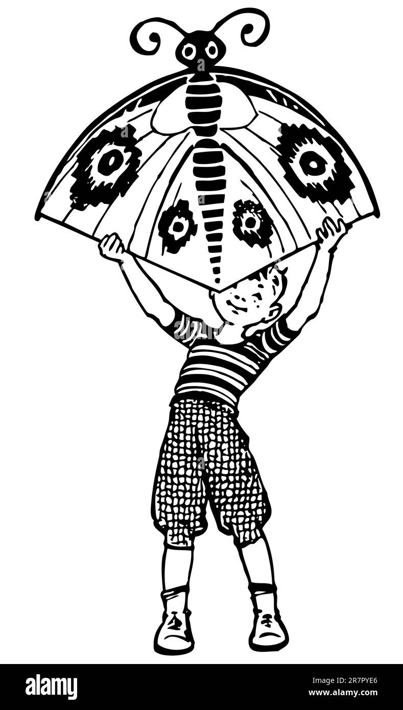 Garçon avec cerf-volant de papillon isolé sur blanc Illustration de Vecteur