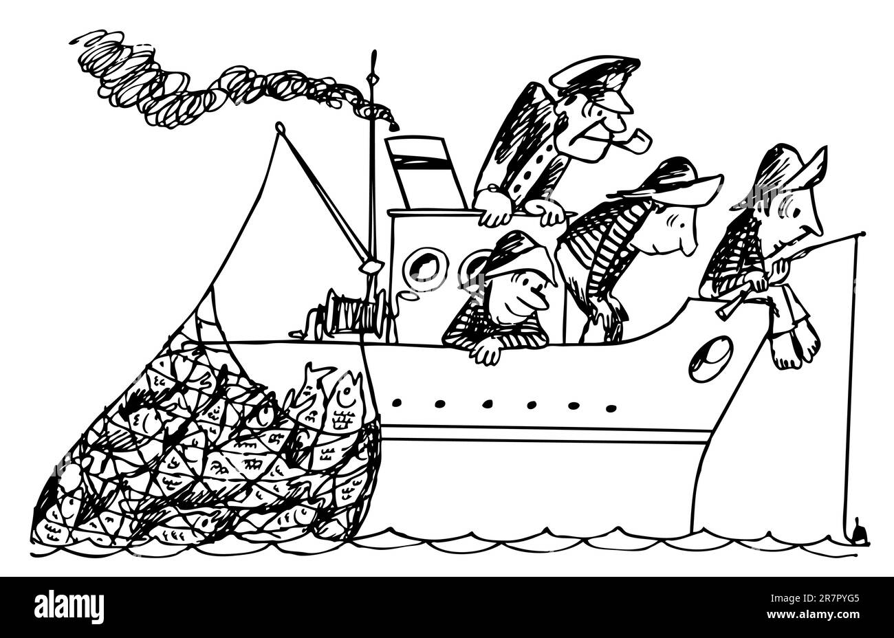 Pêcheurs sur le navire en mer Illustration de Vecteur