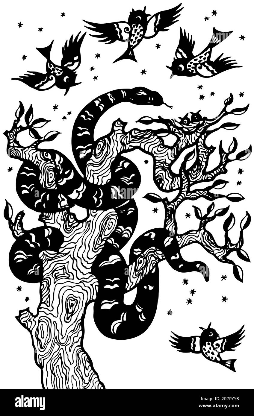 Serpent sur l'arbre attaquant le nid Illustration de Vecteur