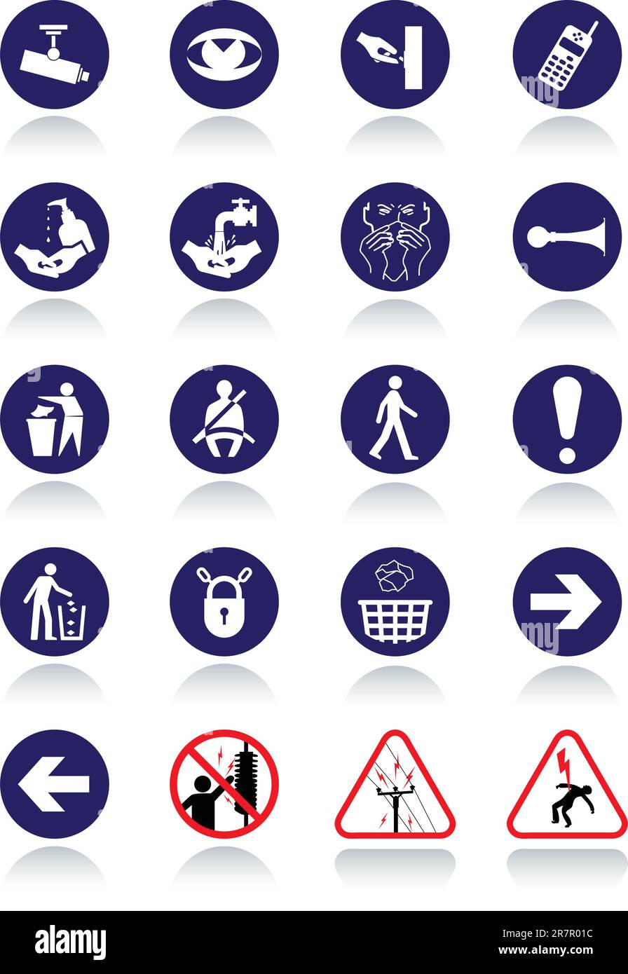 Jeu d'illustrations de panneaux de communication internationaux. Tous les objets vectoriels et les détails sont isolés et regroupés. Couleurs, réflexion et transparence ... Illustration de Vecteur