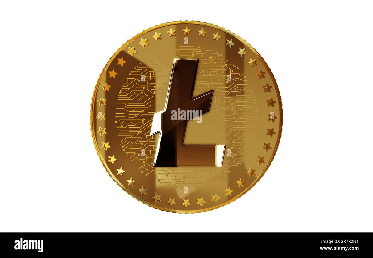 Litecoin LTC crypto-monnaie d'or isolé sur fond vert. Résumé concept 3D illustration. Banque D'Images