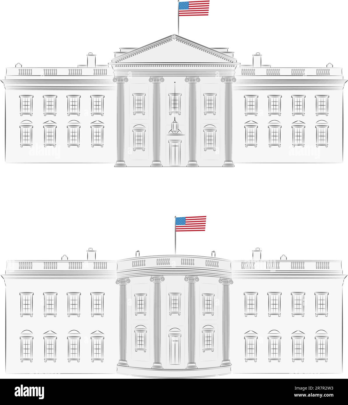 White House - illustration vectorielle détaillée du recto et du verso, avec drapeau américain Illustration de Vecteur