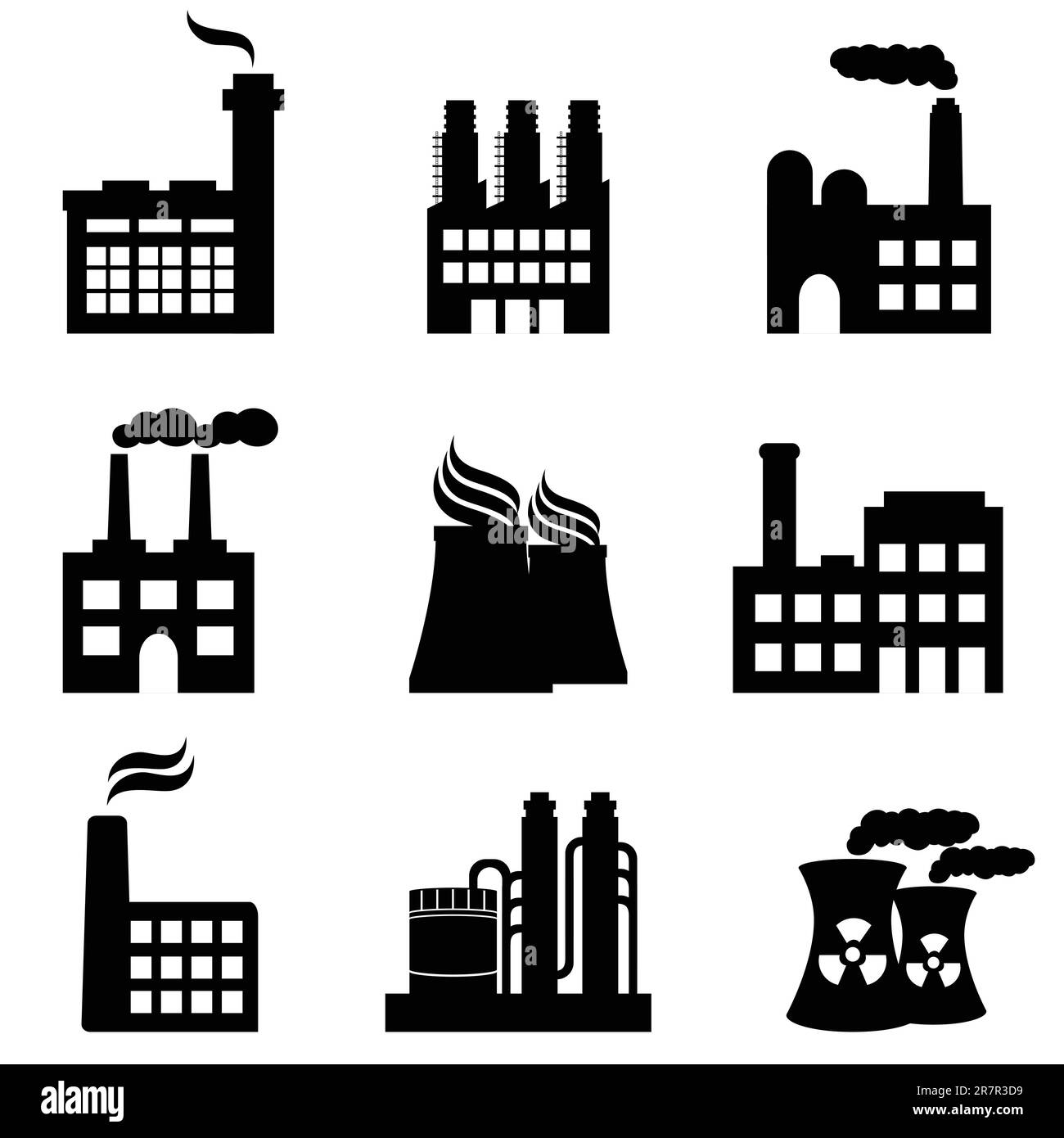 Ensemble d'icônes pour bâtiments industriels, usines et centrales électriques Illustration de Vecteur