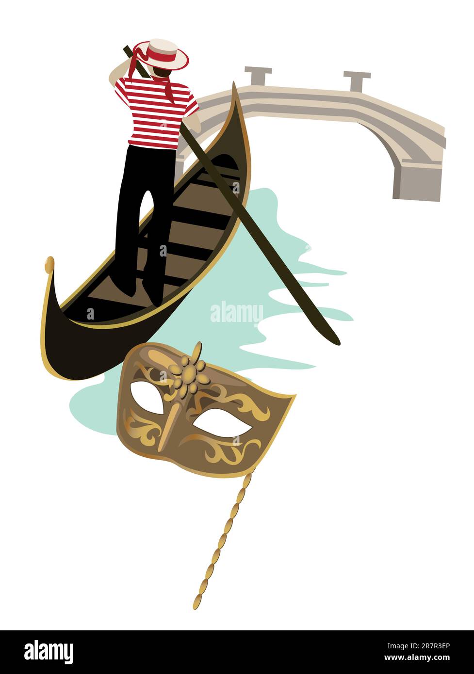 Vue sur le canal de Venise avec un gondolier sur sa gondole et un masque Illustration de Vecteur