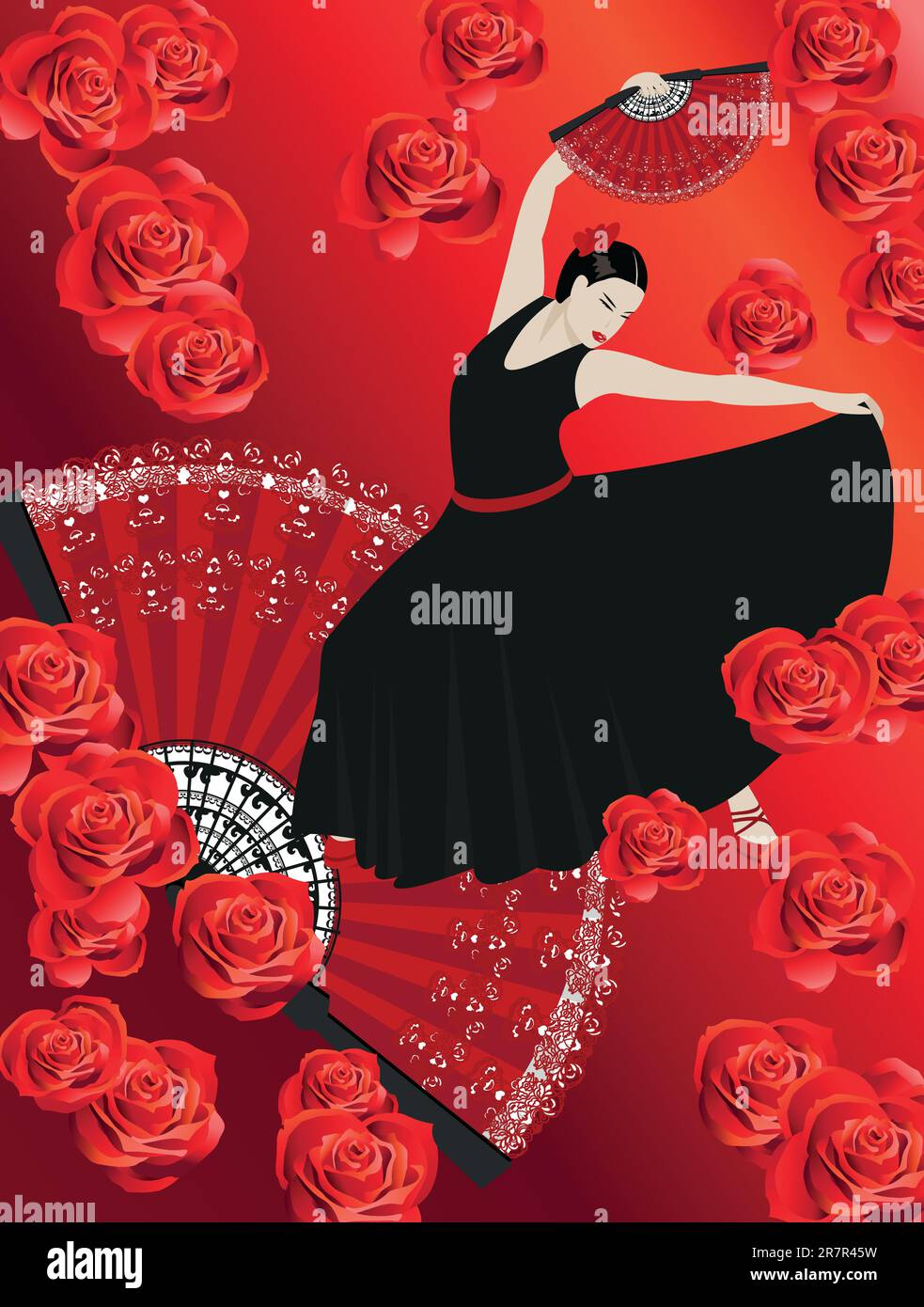 Illustration d'une danseuse de flamenco avec un fan espagnol et des roses Illustration de Vecteur