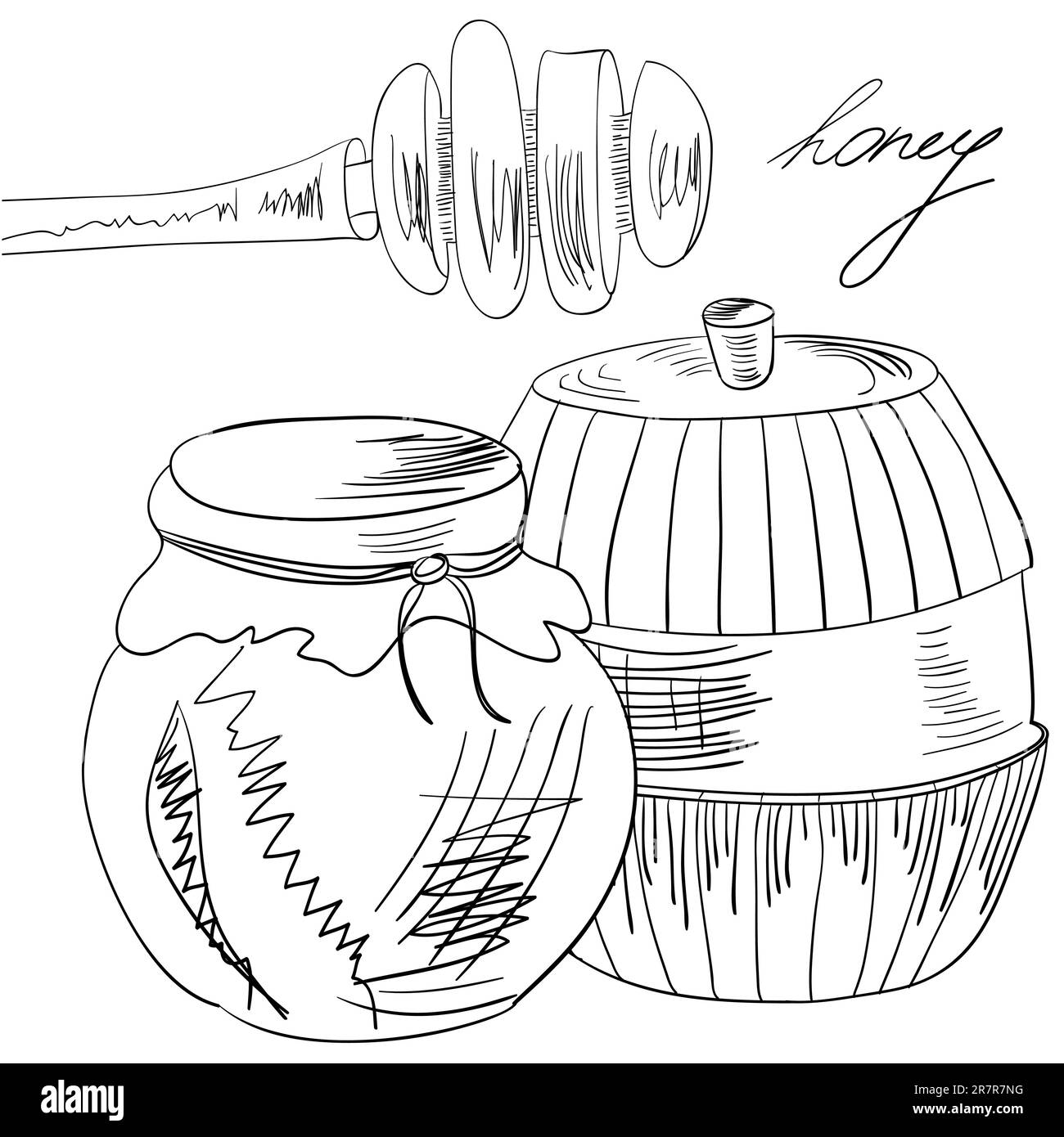 Croquis avec pot en verre plein de miel et bâton Illustration de Vecteur