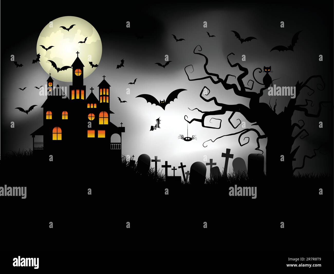 Arrière-plan avec Halloween spooky house contre un ciel clair de lune et les chauves-souris Illustration de Vecteur
