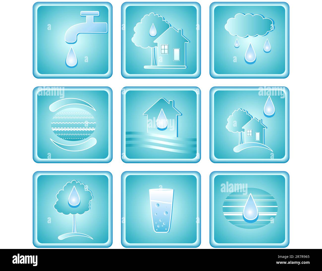 Ensemble bleu d'icônes d'eau avec goutte, maison, arbre et planète Illustration de Vecteur