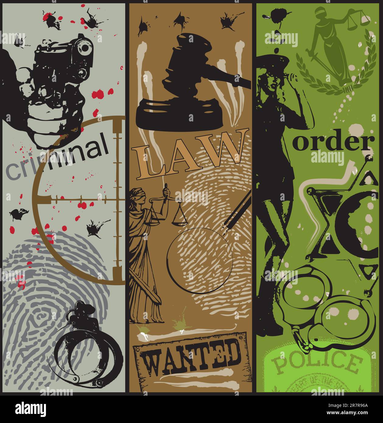 Affiche sur le thème de la criminalité, de la loi et de l'ordre en utilisant les symboles appropriés. Illustration de Vecteur