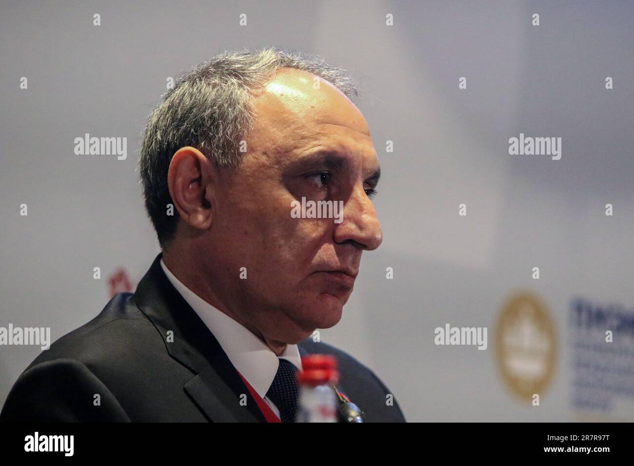 Saint-Pétersbourg, Russie. 16th juin 2023. Kamran Bairam Bairogly Aliev, Procureur général de la République d'Azerbaïdjan, assiste à une session sur les affaires sous protection: Nouveaux efforts pour construire un climat favorable aux affaires dans le cadre de la St. Forum économique international de Petersbourg 2023 (SPIEF 2023). Crédit : SOPA Images Limited/Alamy Live News Banque D'Images