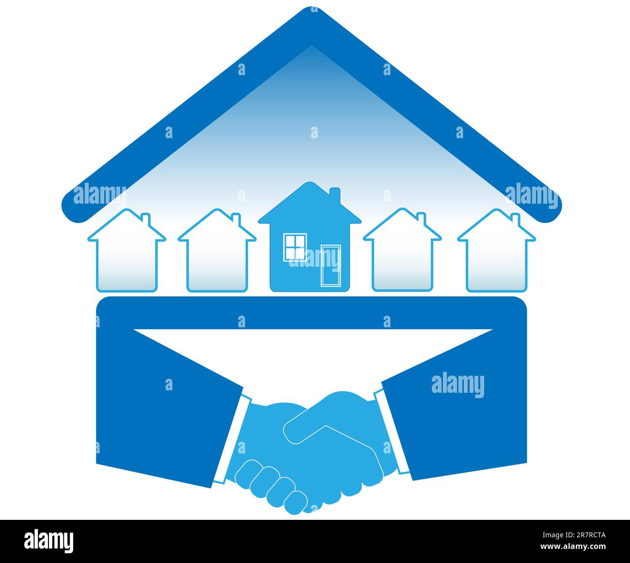 panneau bleu avec poignée de main et de nombreuses maisons Illustration de Vecteur