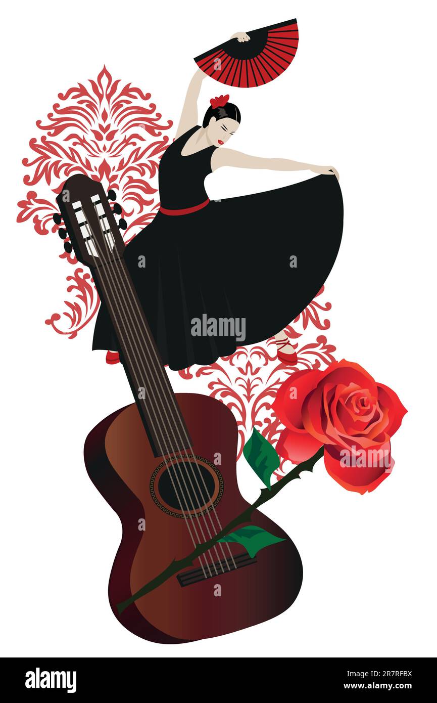 Illustration d'un danseur flamenco avec un fan espagnol et une guitare Illustration de Vecteur