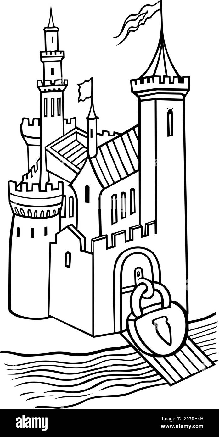 Château médiéval verrouillé sur fond blanc Illustration de Vecteur
