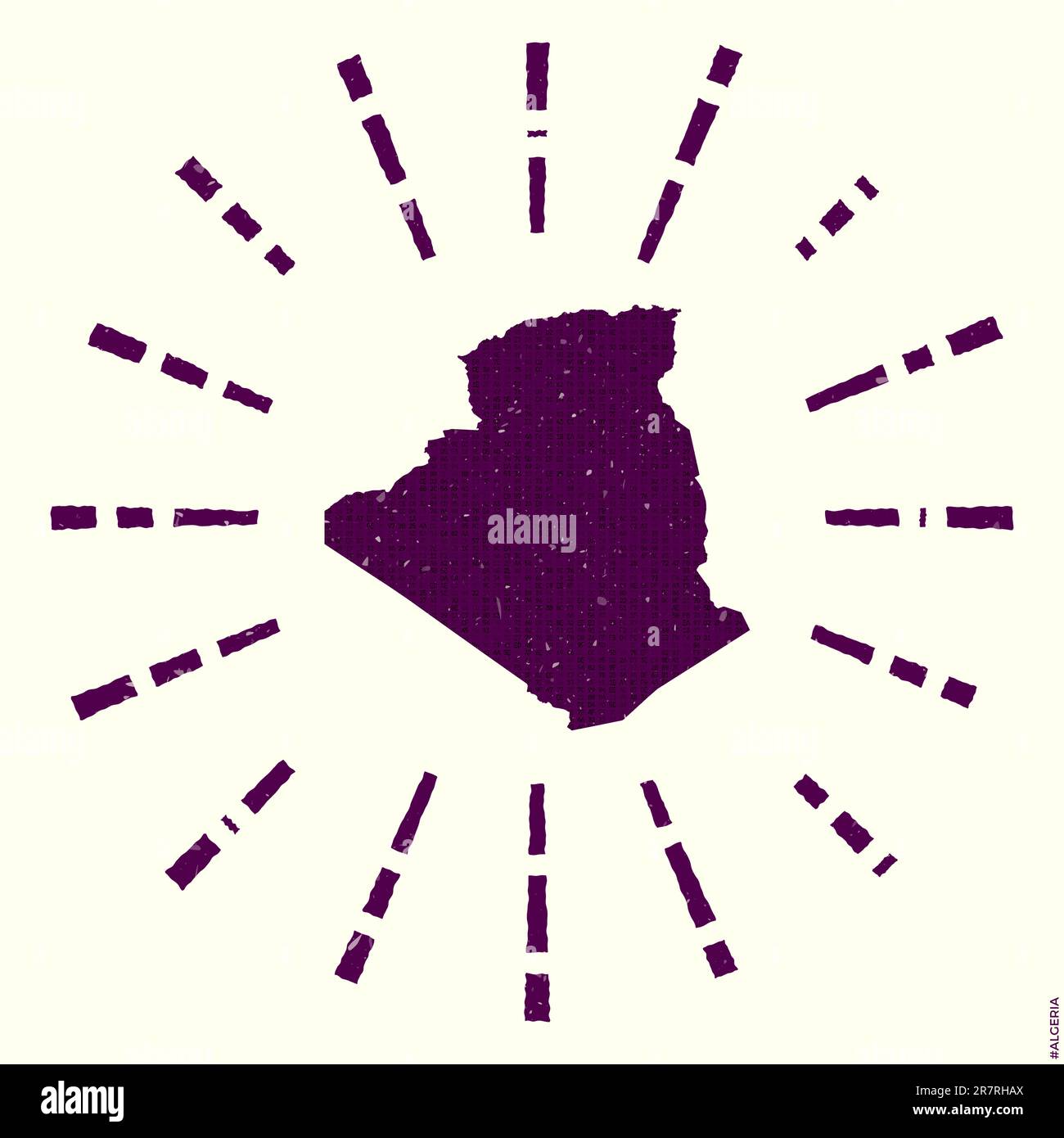Logo Algérie. Affiche grunge Sunburst avec carte du pays. Forme de l'Algérie remplie de chiffres hexagonaux avec des rayons de soleil autour. Illustration de Vecteur