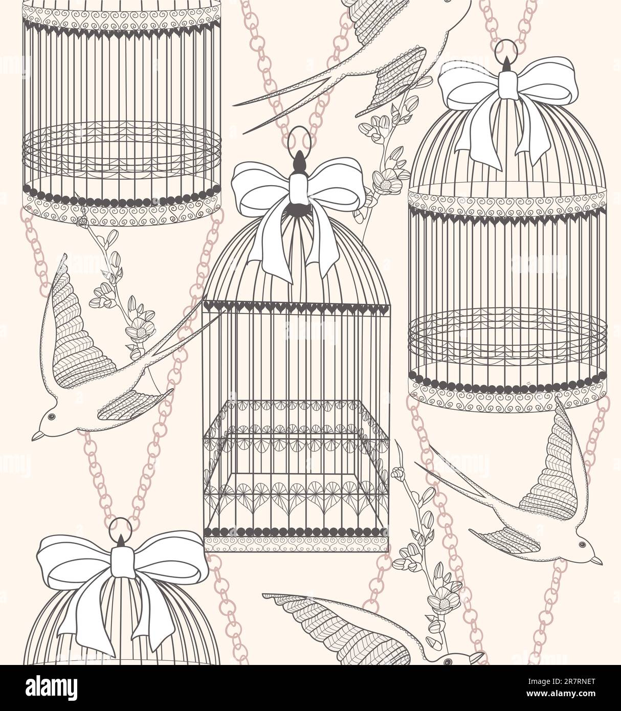 Modèle transparent avec des cages à oiseaux, fleurs et oiseaux. Floral et avaler l'arrière-plan. Illustration de Vecteur