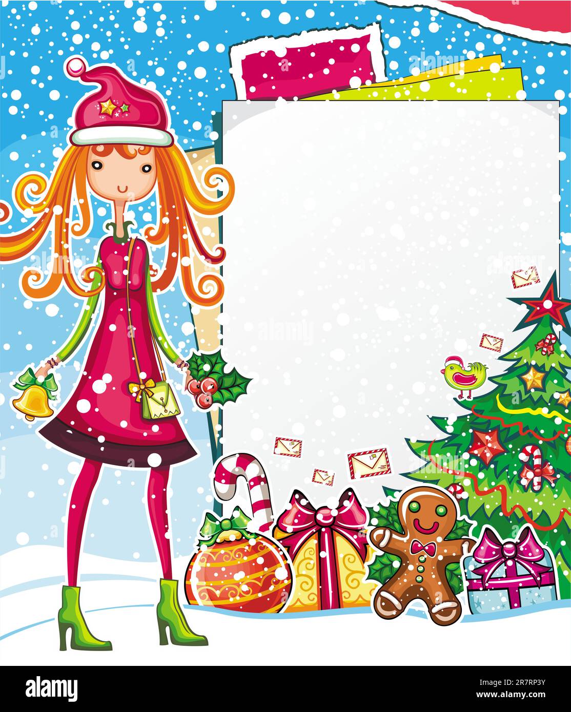 Thème shopping de Noël: Illustration vectorielle d'une jolie fille avec cloche de Noël, debout près du tableau de message vierge. beaucoup de décorations de vacances Illustration de Vecteur