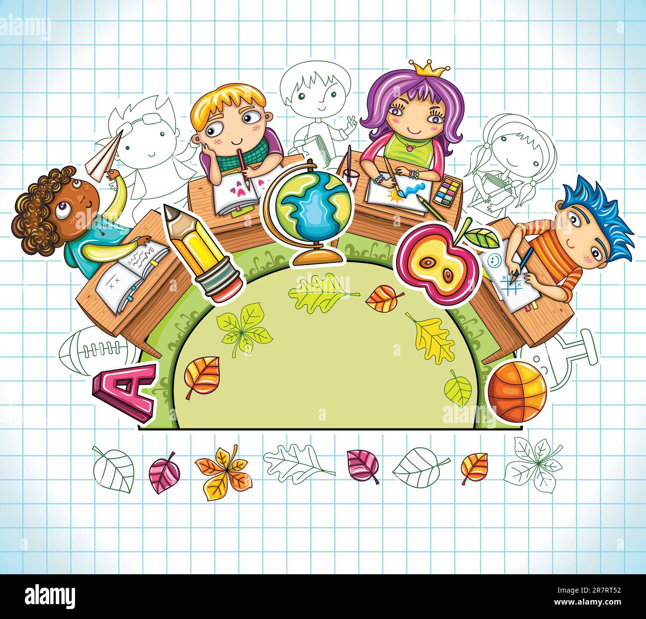 Composition ronde colorée, avec de jolis écoliers et des éléments de design d'école. avec espace pour votre texte Illustration de Vecteur