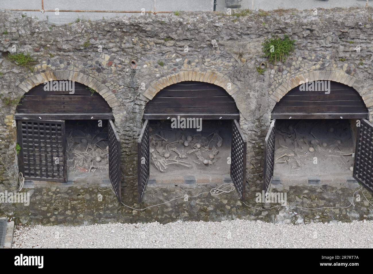 Moulages de squelette de restes humains trouvés dans les entrepôts de quai de la ville romaine d'Herculanum, enterrée dans l'éruption du Vésuve AD79, Ercolano, Naples, Italie Banque D'Images