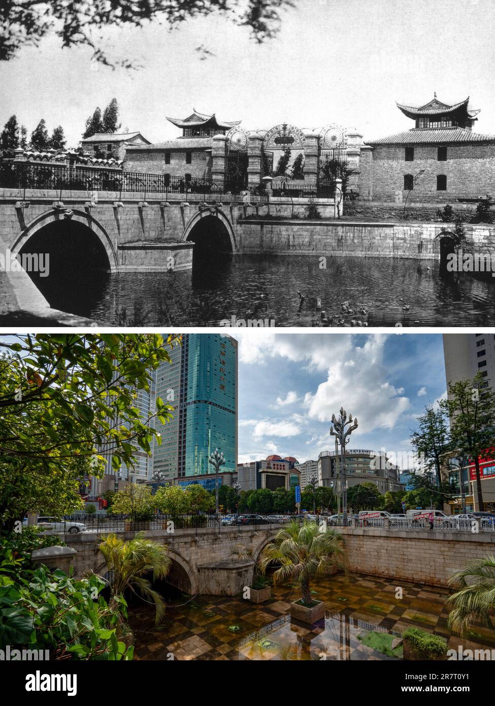 (230617) -- KUNMING, 17 juin 2023 (Xinhua) -- ci-dessus : cette photo de fichier non daté fournie par le photographe chinois Yin Xiaojun montre le pont Huguo et la porte voisine il y a environ un siècle à Kunming, dans la province du Yunnan, dans le sud-ouest de la Chine.ci-dessous : Cette photo prise sur 15 juin 2023 par le photographe Xinhua Jiang Wenyao montre une vue sur le pont Huguo rénové et ses environs à Kunming, dans le sud-ouest de la Chine, dans la province du Yunnan. Le diplomate français Auguste François est venu à Kunming en 1899. Au cours de ses 5 ans de séjour dans la ville, il a pris des milliers de photos avec ses 7 appareils photo. Environ un siècle plus tard, avec TH Banque D'Images
