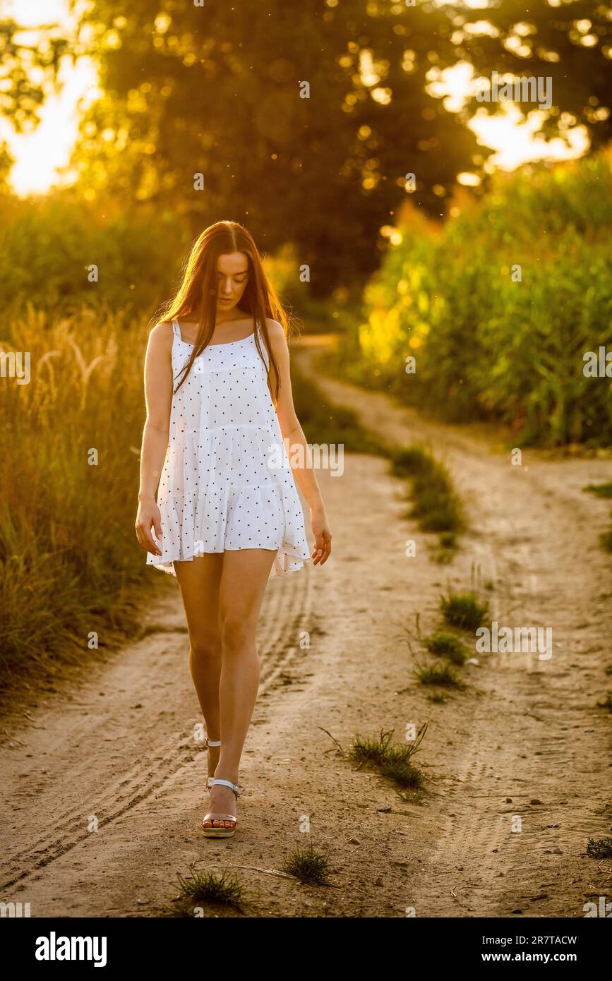 Jeune belle femme en robe blanche dans champ de maïs Banque D'Images