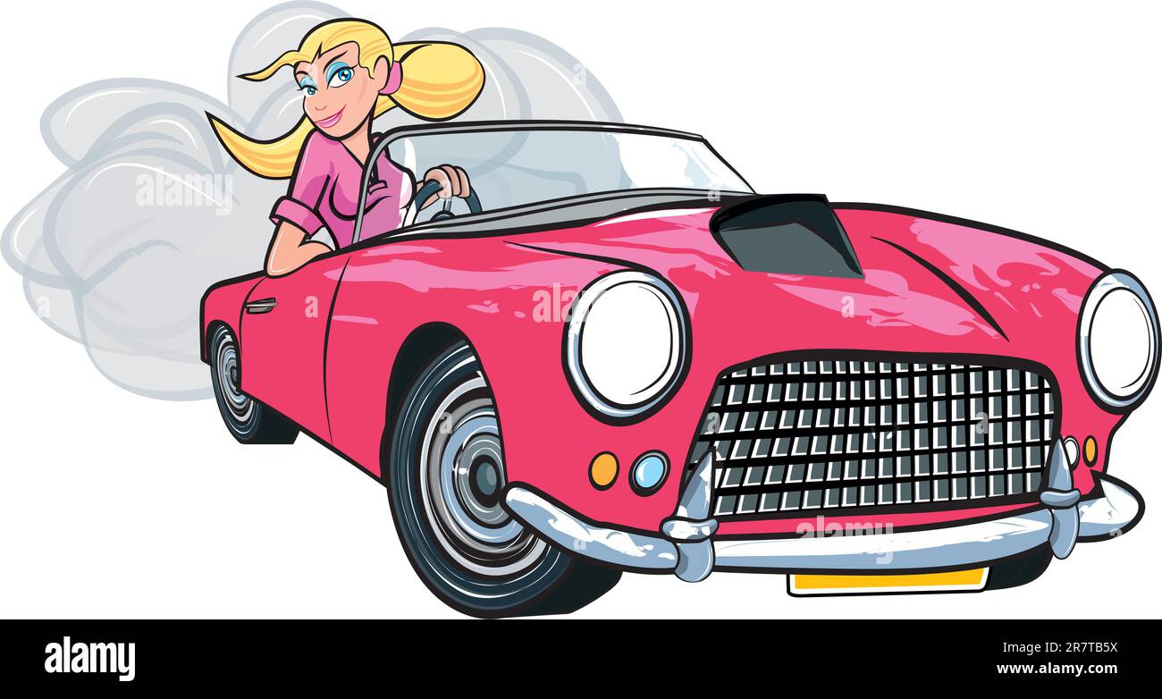 Dessin animé d'une fille blonde conduisant une voiture de sport isolée sur blanc Illustration de Vecteur