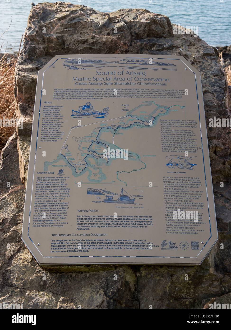 Tableau d'explication, son d'Arisaig, zone de conservation de la nature au sud de Maillaig, côte écossaise, Écosse, Royaume-Uni Banque D'Images