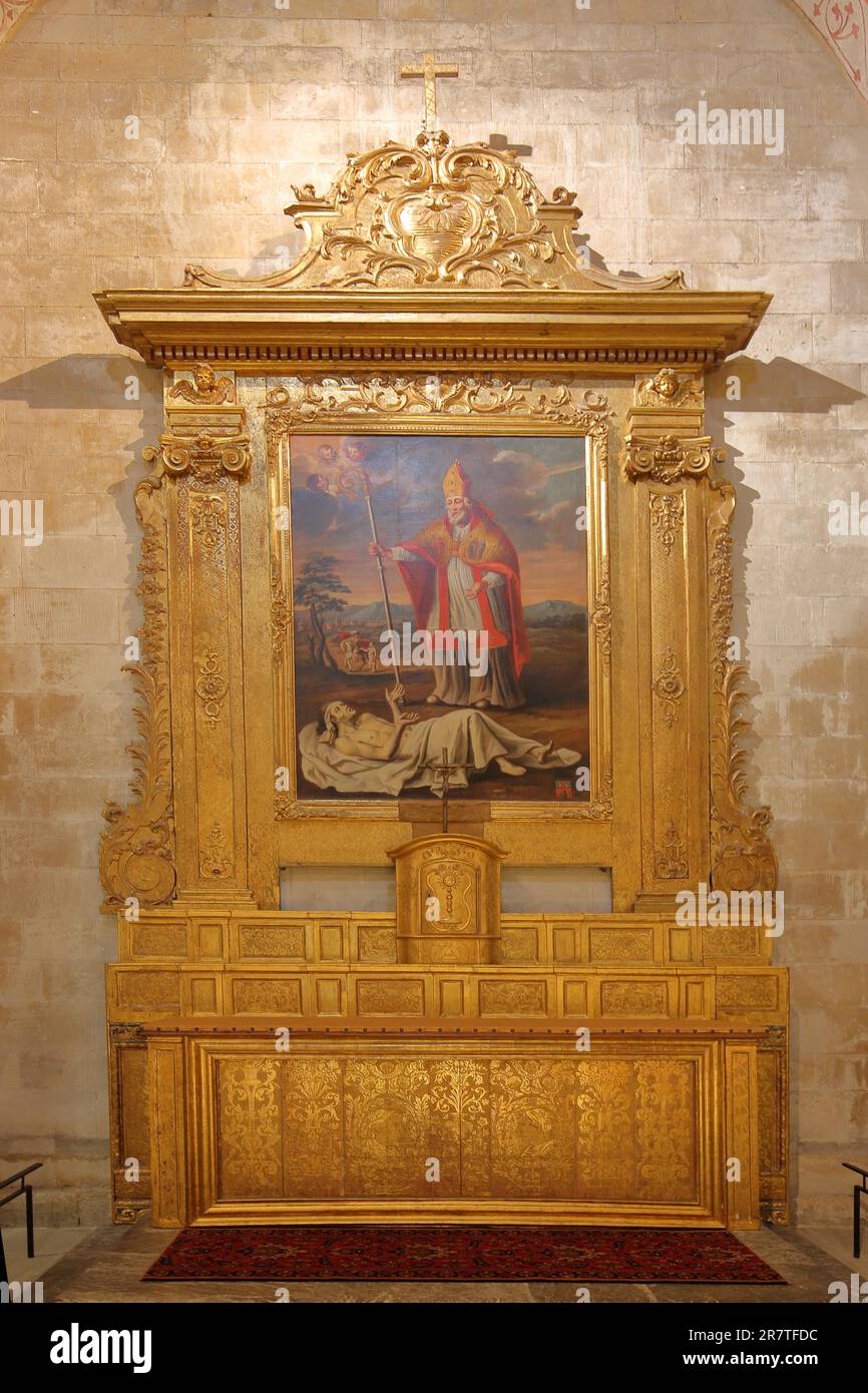 Peinture au cadre doré de l'évêque Saint Martin Ormeaux, l'évêque guérit la personne malade, Église notre-Dame, Saint-Paul-trois-Châteaux, St Banque D'Images