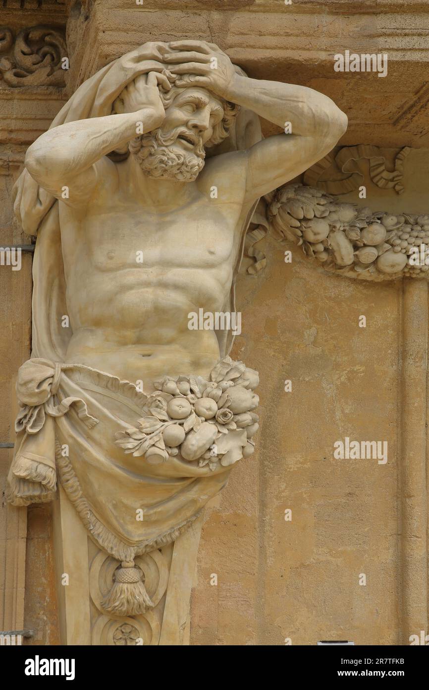 Atlas sculpture au Pavillon baroque de Vendome, grec, mythologie, arrière, lourd, Charge, résistance, transport, figure, Aix-en-Provence Banque D'Images