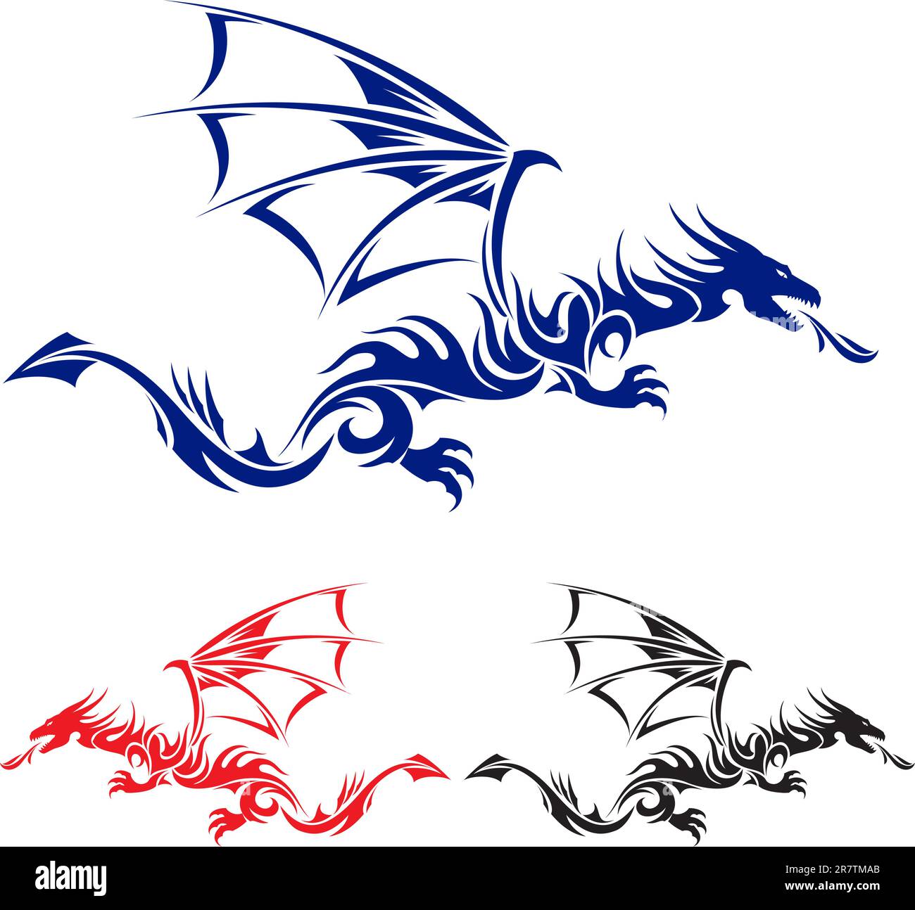 Flying Dragon. Bleu, rouge et noir tatouage asiatique. Illustration sur fond blanc. Illustration de Vecteur