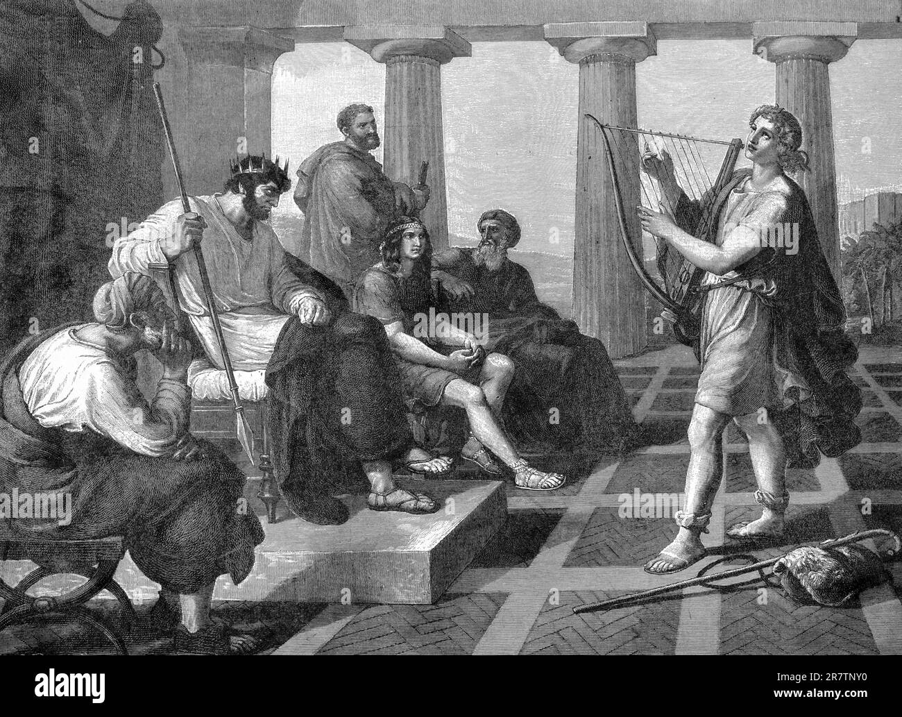 Jeu de cordes de David devant Saül, Premier Livre de Samuel, Chapitre 16, versets 14-23, instrument, lyre, Harpe, tron, musique, roi, David, grâce Banque D'Images