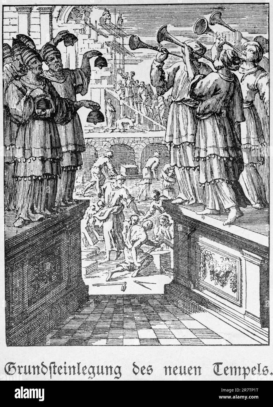 Pose de la pierre de fondation du nouveau temple, de l'ancien Testament, de la Bible, des trompettes, des cloches, construction, temple, nouveau bâtiment, ouvriers, artisans Banque D'Images