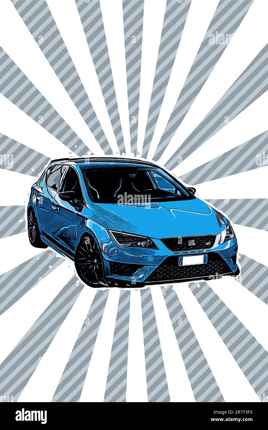 Voiture moderne bleue, siège, illustration de style comique pop art, arrière-plan de motif Banque D'Images Voiture moderne bleue, siège, illustration de style comique pop art, arrière-plan de motif Banque D'Images