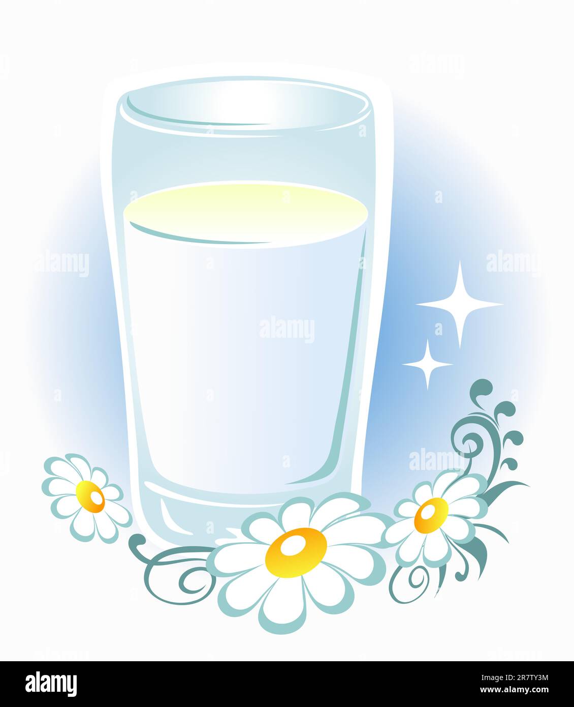 Verre de lait et de fleurs sur fond bleu. Illustration de Vecteur