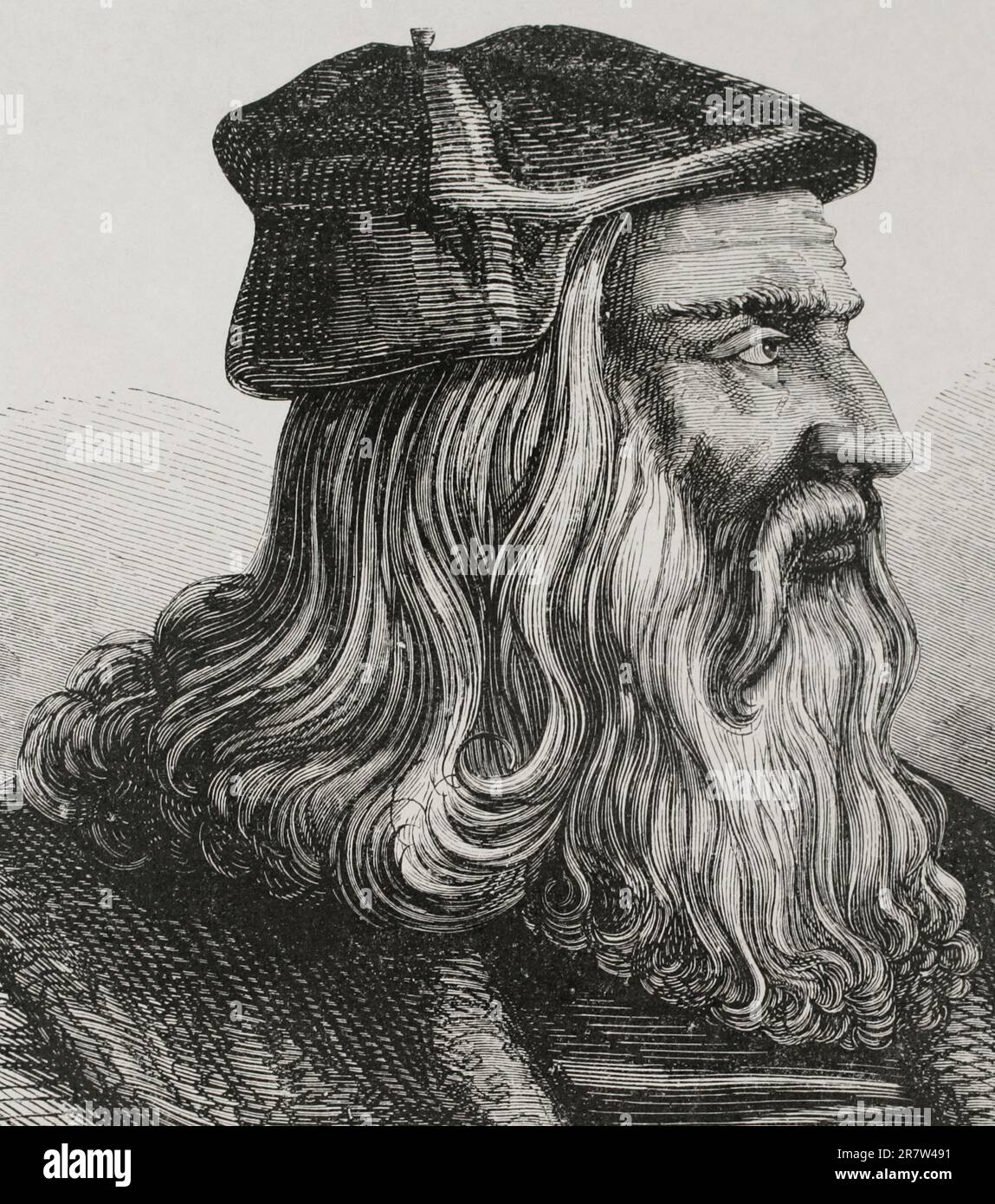 Léonard de Vinci (14521519). Artiste, architecte et inventeur italien. Portrait. Gravure d