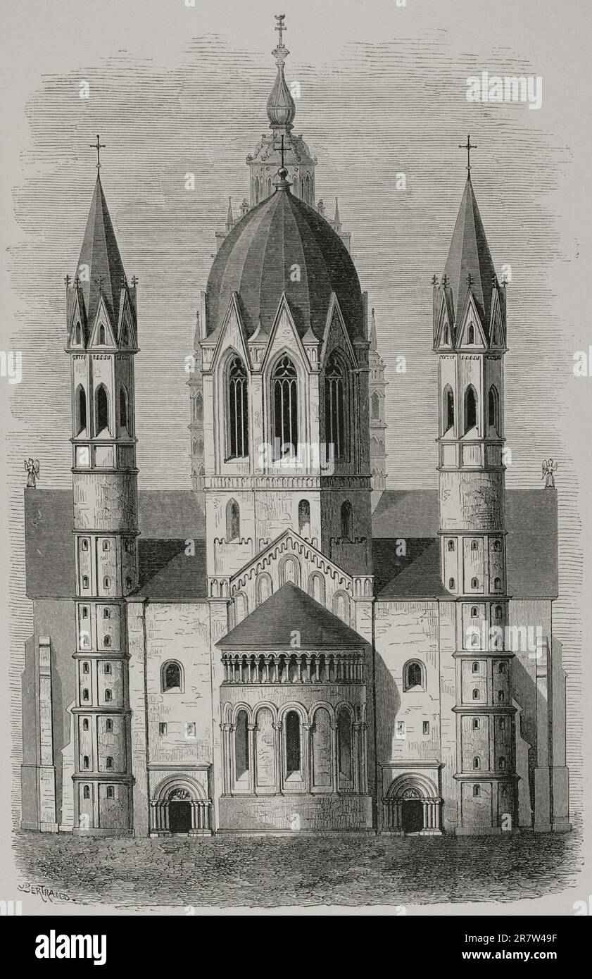Cathédrale de Mayence, Allemagne. Style roman. Vue générale de l'extérieur. Gravure. 'Les Arts au Moyen Age et l'Epoque de la Renaissance', par Paul Lacroix. Paris, 1877. Banque D'Images