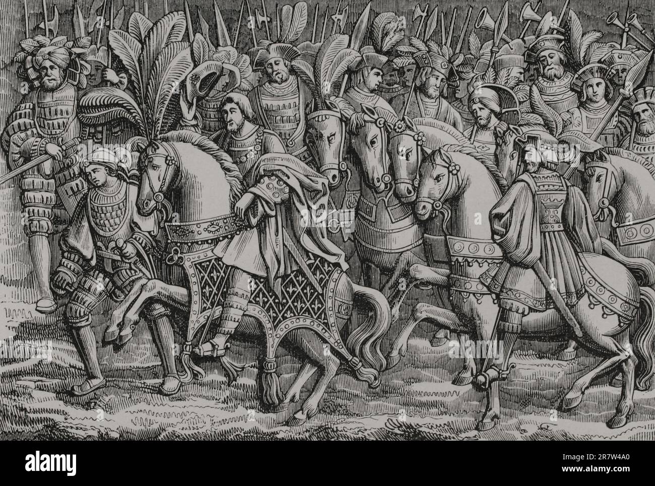 Rencontre entre le roi Henri VIII d'Angleterre et le roi François Ier de France, sur le champ du tissu d'or, 7 juin 1520. Gravure d'un bas-relief existant à l'Hôtel de Bourgtheroulde, Rouen (France). 'Les Arts au Moyen Age et l'Epoque de la Renaissance', par Paul Lacroix. Paris, 1877. Banque D'Images