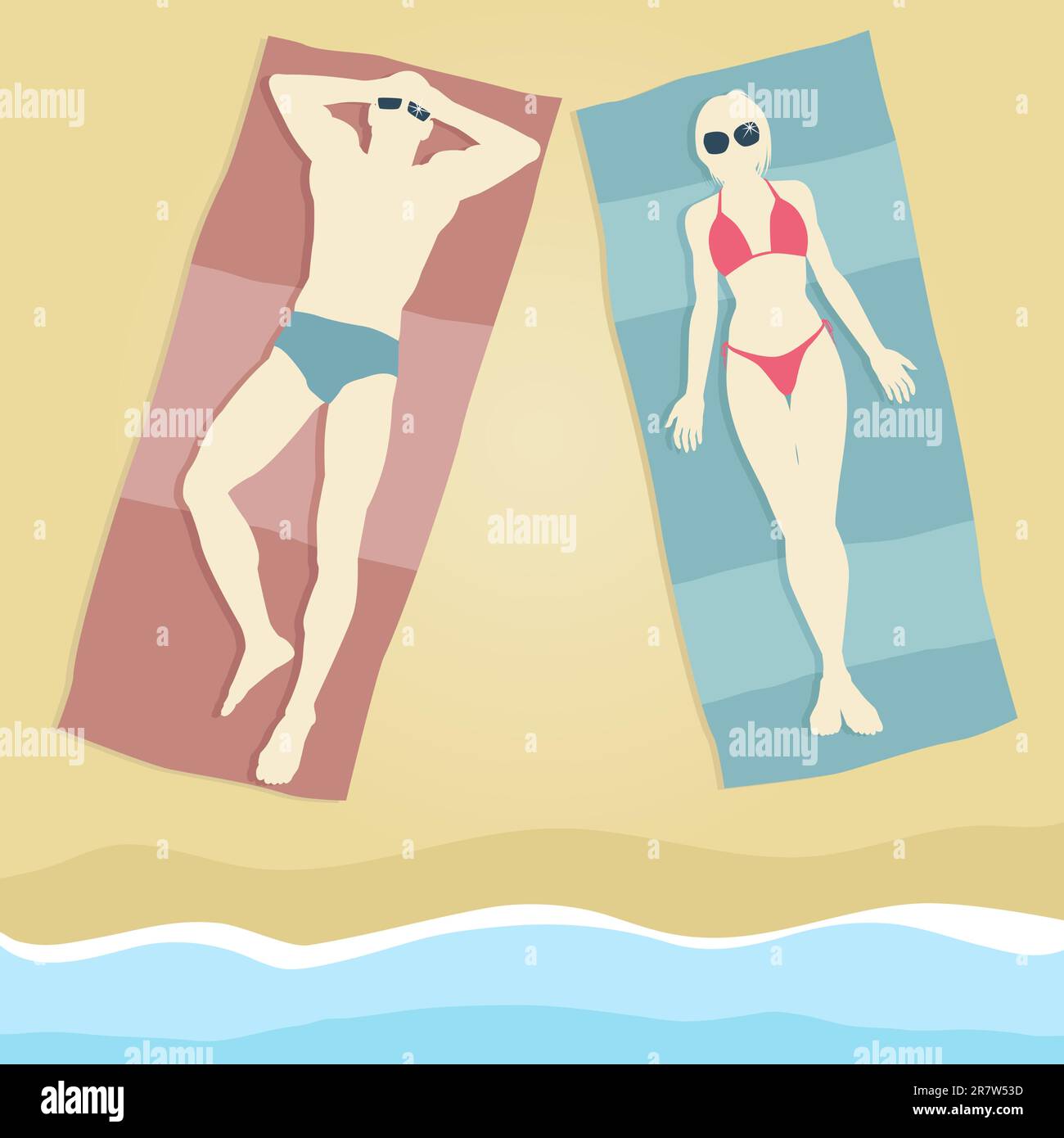 Illustration vectorielle modifiable d'un homme et une femme en train de bronzer sur des serviettes de plage Illustration de Vecteur