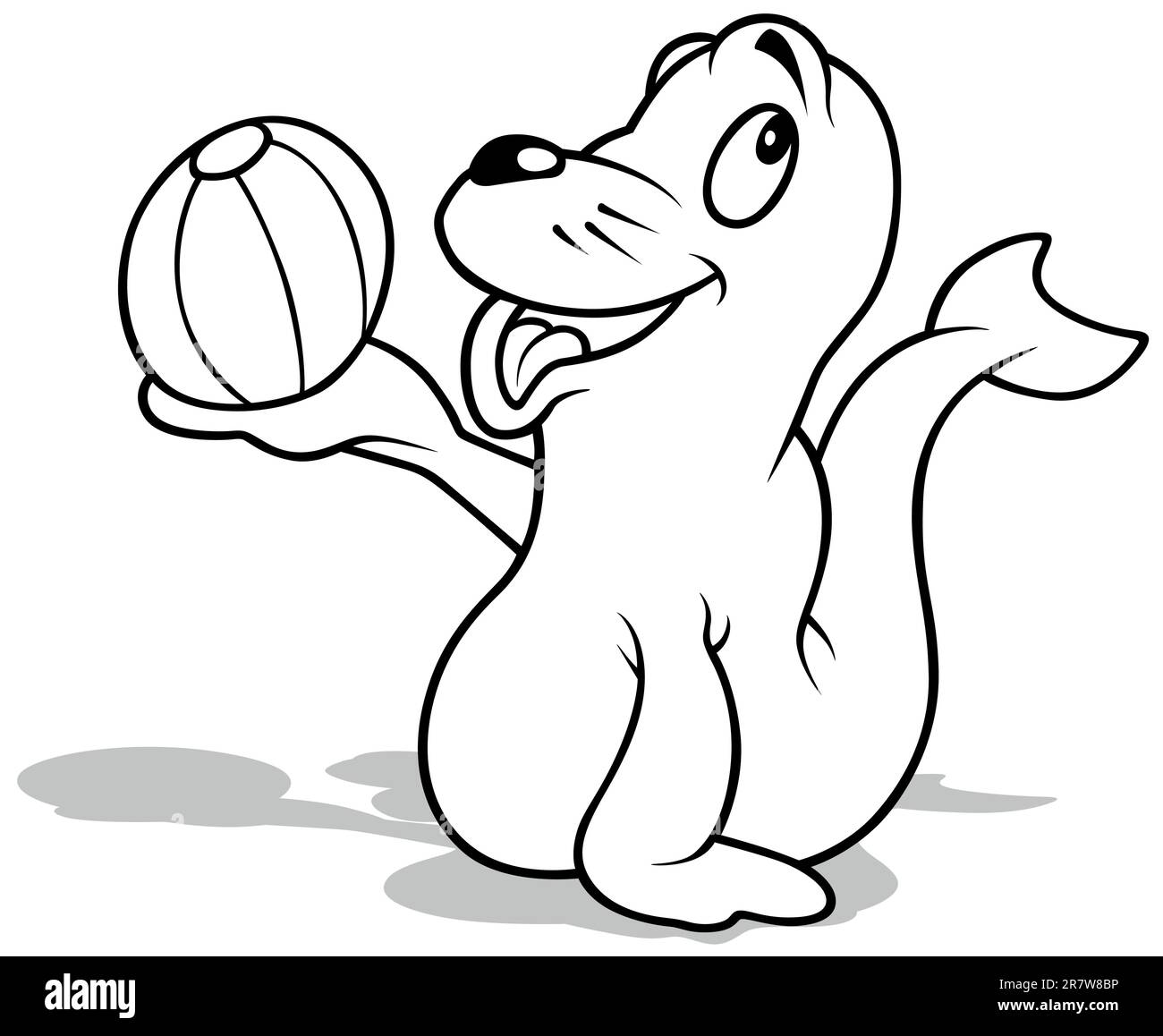 Dessin d'un lion de mer souriant tenant un ballon de plage Illustration de Vecteur