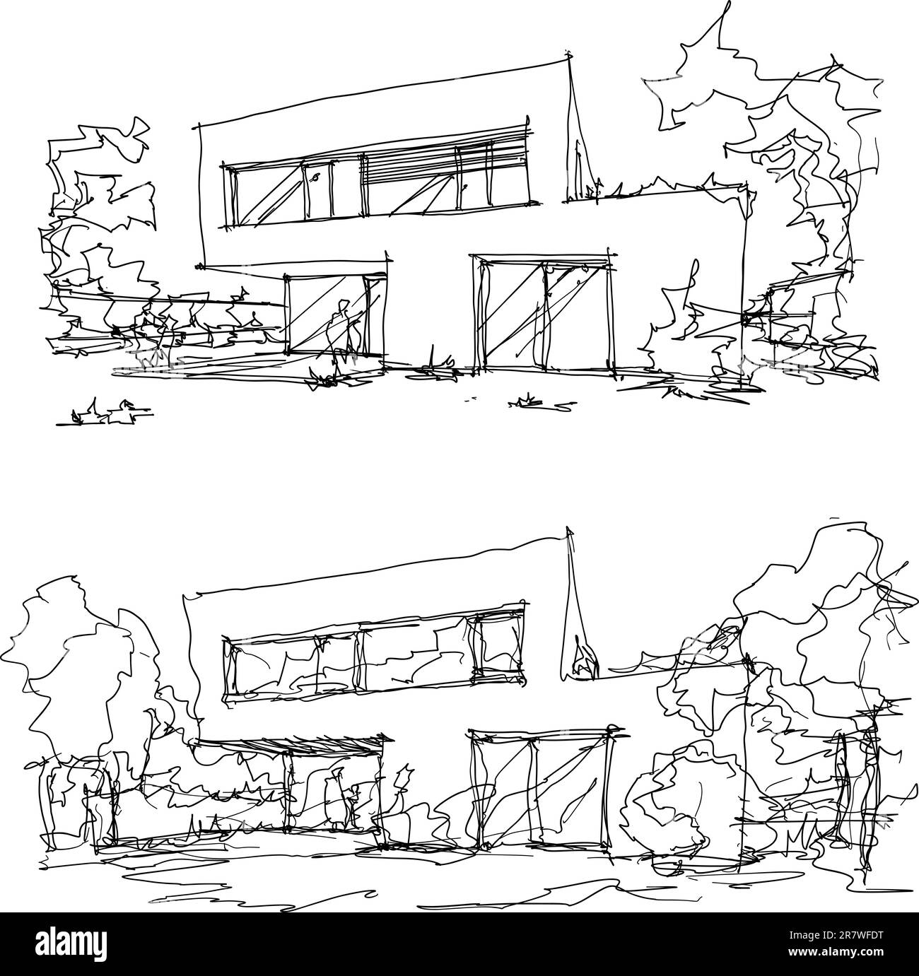 deux croquis architecturaux dessinés à la main de moderne maison individuelle de deux étages avec toit plat et les gens autour Banque D'Images