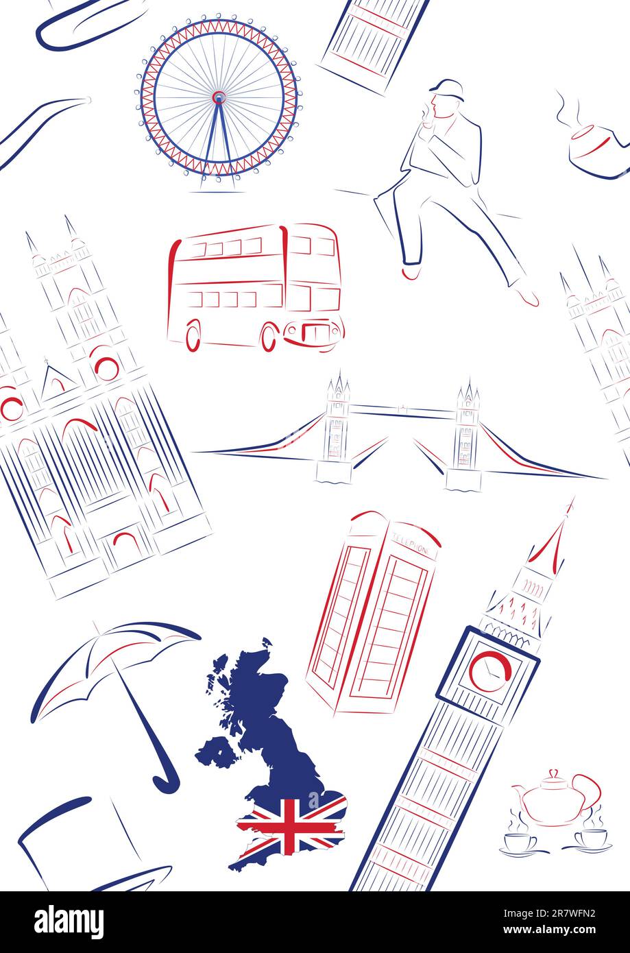 Ensemble de sites stylisés dessinés par vecteur et de symboles de Grande-Bretagne. Sans couture. Illustration de Vecteur