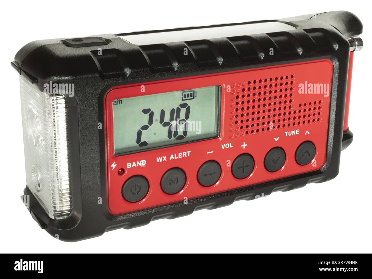 Radio météo idéale pour les catastrophes naturelles avec sa batterie rechargeable, son panneau solaire, sa manivelle et sa lampe de poche dans une unité portable Banque D'Images