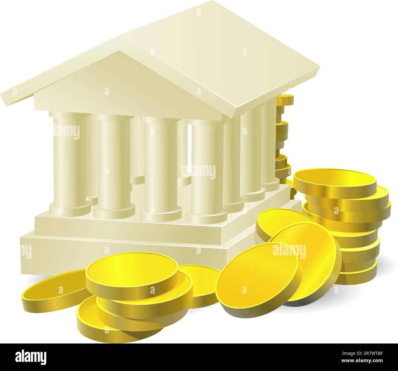 Illustration d'un édifice banque stylisé entouré par de grandes pièces d'or Illustration de Vecteur