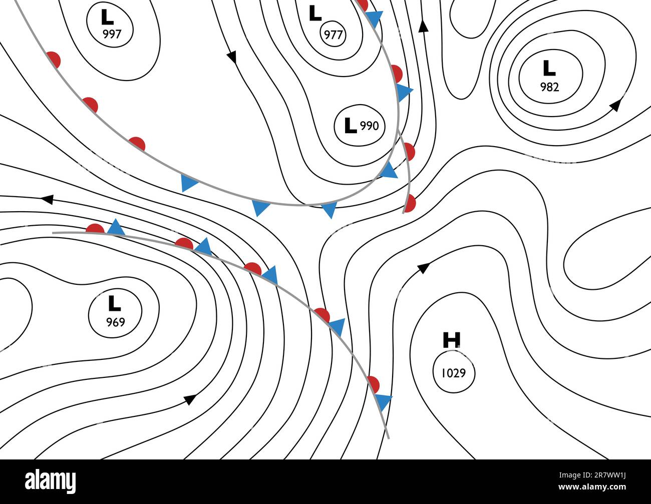 Illustration vectorielle modifiable d'un générique météo carte montrant les isobares et fronts météorologiques Illustration de Vecteur