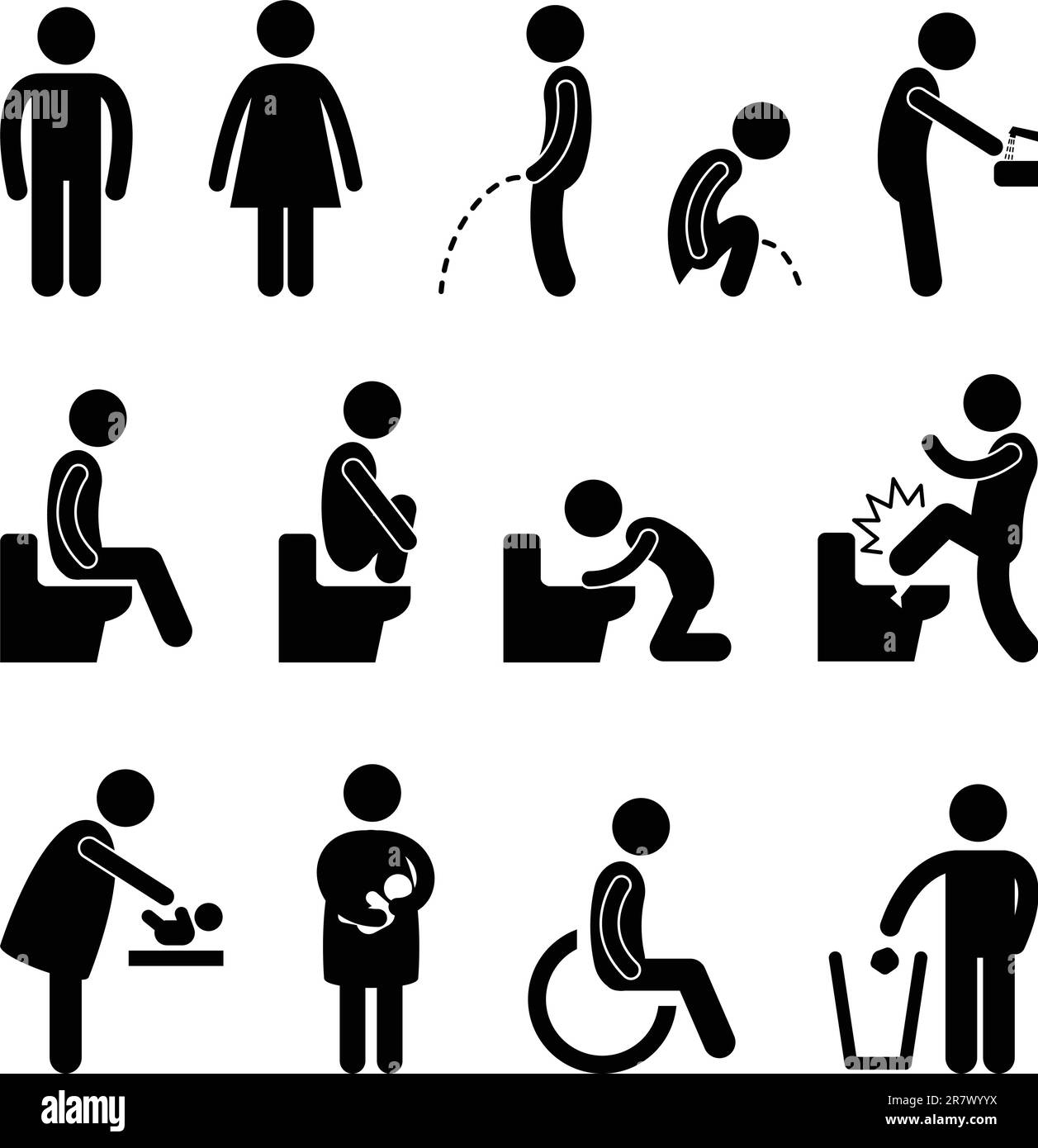 Un ensemble de pictogrammes pour les toilettes publiques. Illustration de Vecteur