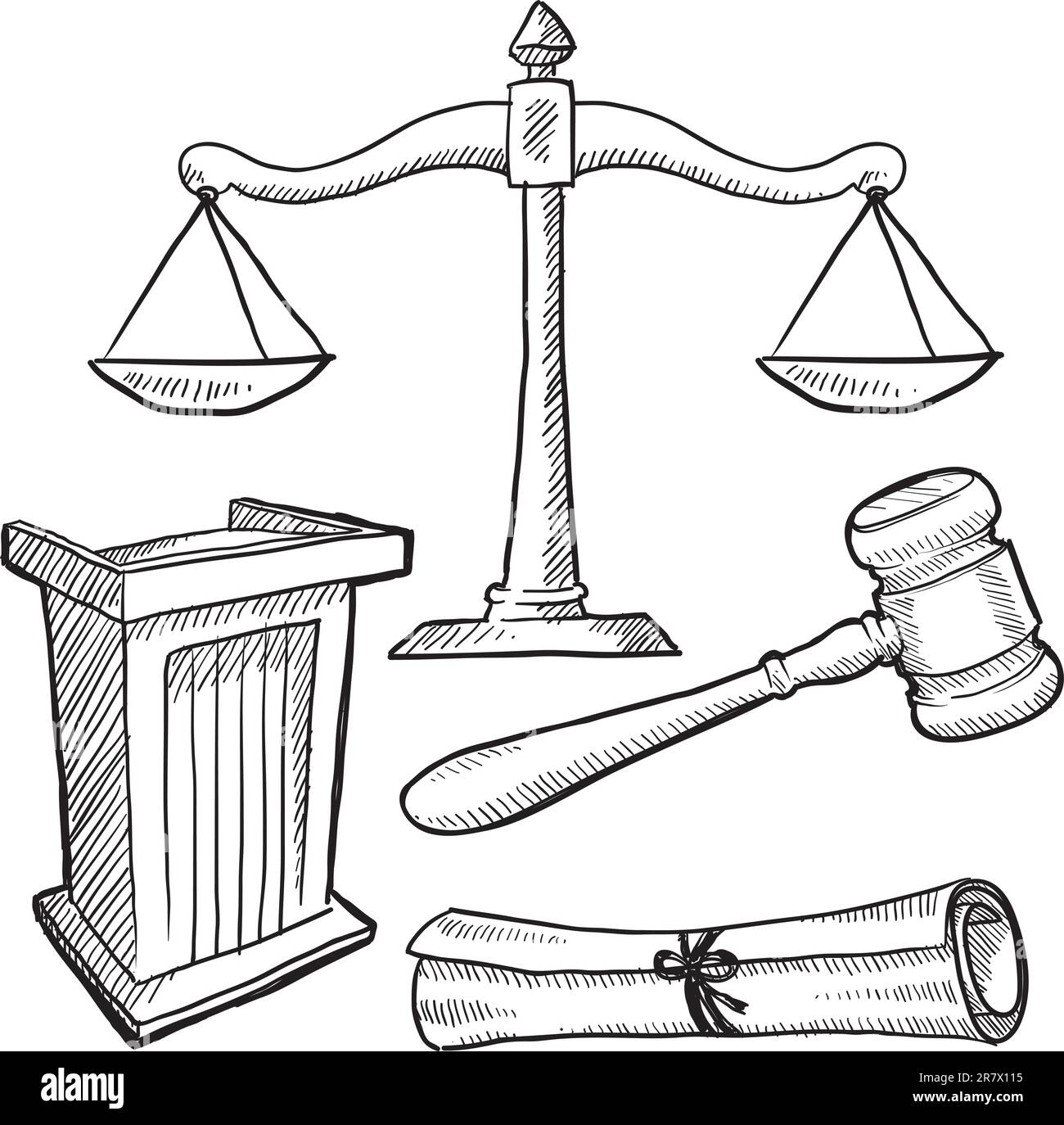 La justice de style Doodle ou l'illustration de vecteur de loi avec podium, gavel, et balance de justice Illustration de Vecteur